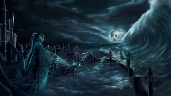 Ghostly figure watches a moonlit ocean flood engulf a town