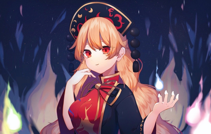 Junko from Touhou surrounded by flames