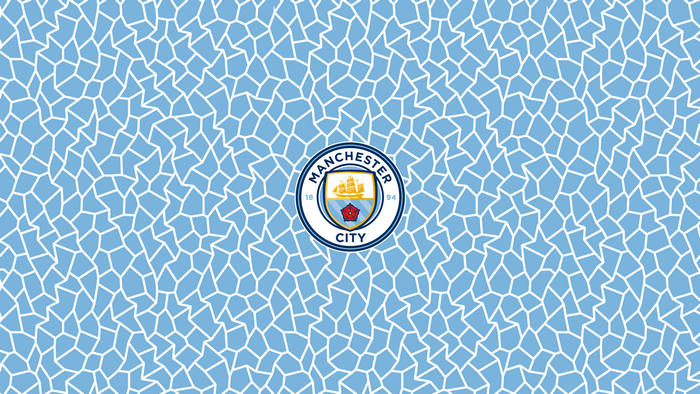 Manchester City FC logo on a blue mosaic pattern