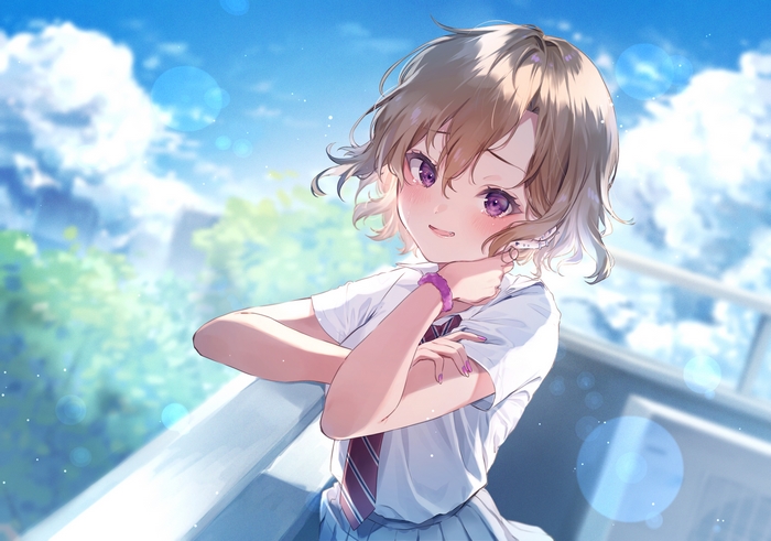 Girl with purple eyes and short blonde hair