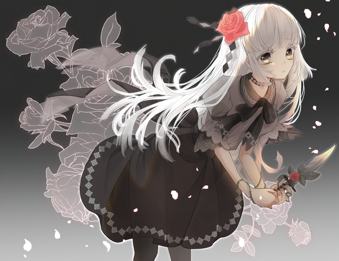 Girl with white hair and dagger holding a rose