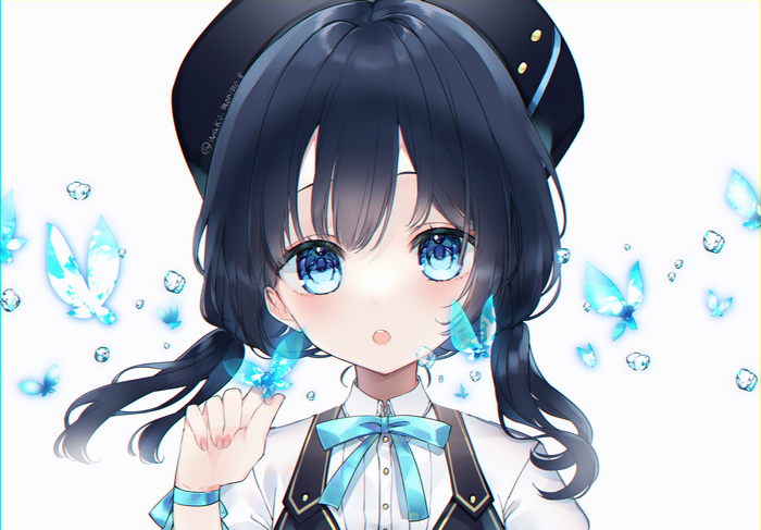Girl with black hair, blue eyes, and butterflies