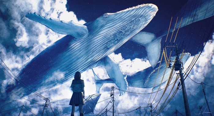 Girl watches whales swim through the clouds