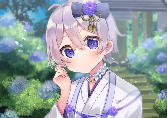 Anime boy with grey hair and blue eyes in kimono