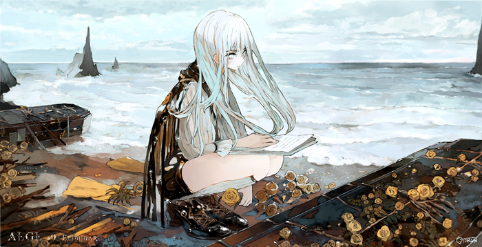 Girl with grey hair reading by the sea