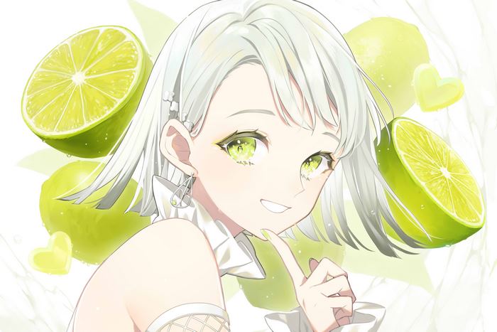Anime girl with white hair and green eyes holding a lime