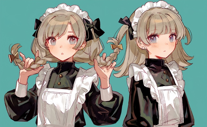 Two blonde maids with blue eyes in maid outfits