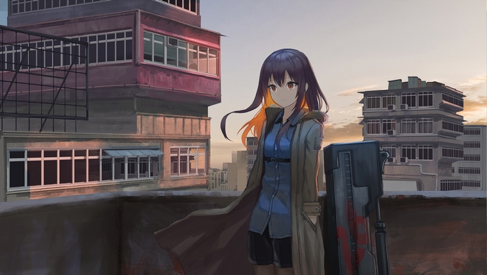 Anime girl with orange eyes and black hair on rooftop
