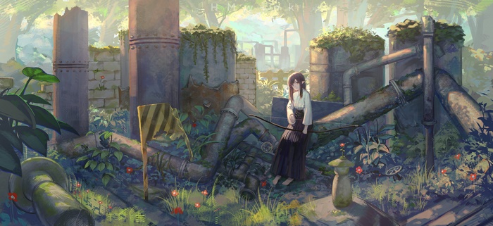 Girl with pointed ears in overgrown industrial ruins