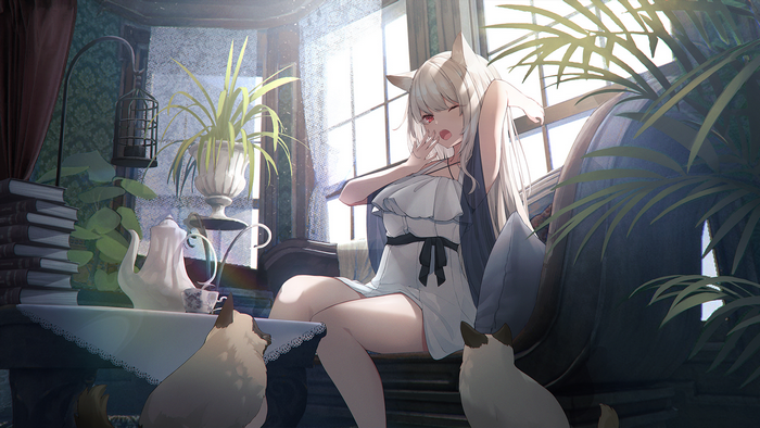 Cat girl in white dress yawning by the window