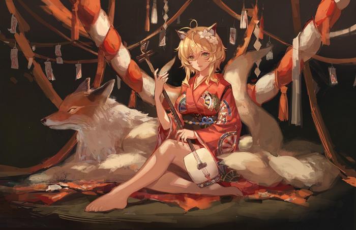 Lumine with fox spirit and shamisen