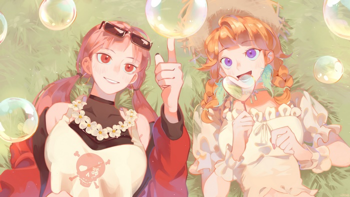 Takanashi Kiara and Mori Calliope with bubbles