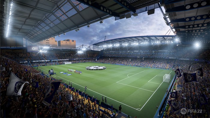 FIFA 22 stadium with fans and Champions League logo