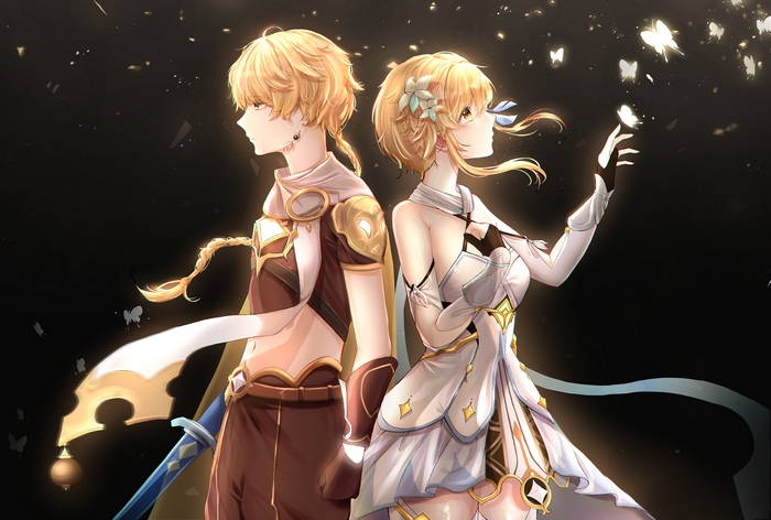 Lumine and Aether from Genshin Impact with butterflies
