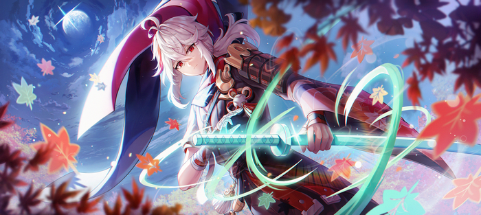 Kaedehara Kazuha with sword and falling leaves