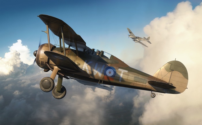 Gloster Gladiator biplane in flight with another aircraft
