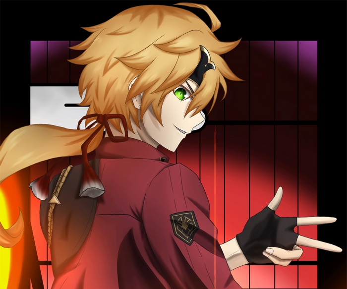 Thoma from Genshin Impact with green eyes
