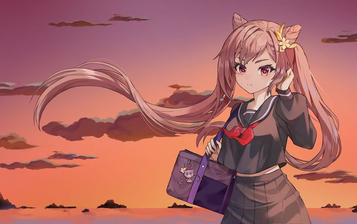 Keqing Genshin Impact anime girl with school bag at sunset