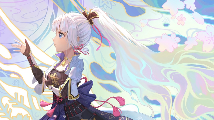 Kamisato Ayaka from Genshin Impact with flowing hair