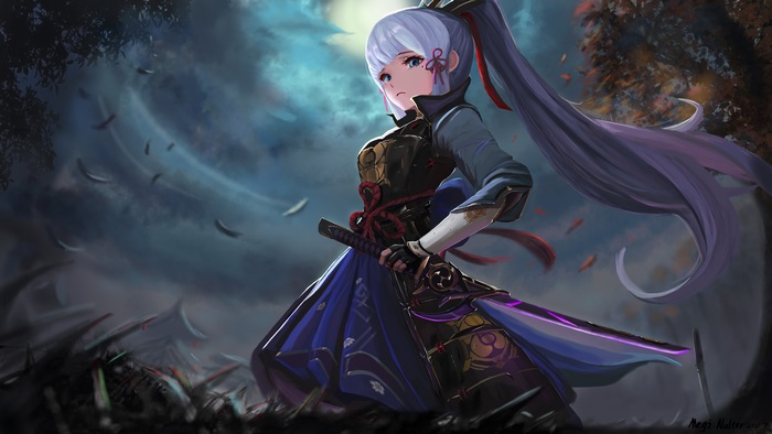 Kamisato Ayaka in Genshin Impact with a sword