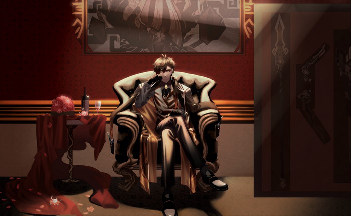 Zhongli in a luxurious chair with wine and roses