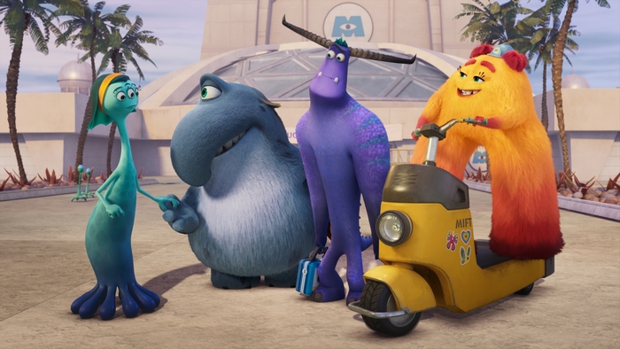 Monsters At Work: Fritz, Val, Tylor, and Millie on a scooter