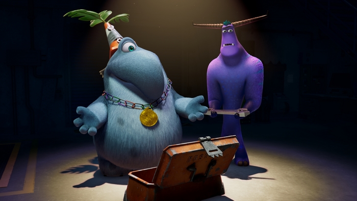 Monsters At Work: Fritz and Tylor with a treasure chest