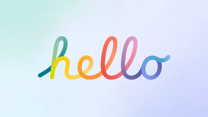 Apple iMac 24" 2021 screensaver with colorful "hello"