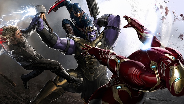 Avengers fight Thanos: Thor, Captain America, Iron Man