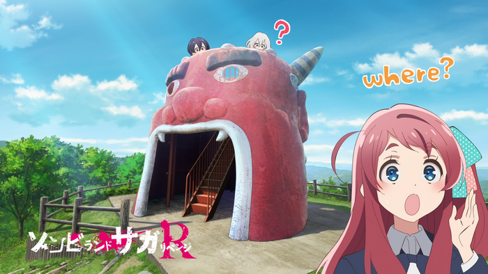Zombie Land Saga R characters at a giant red demon structure