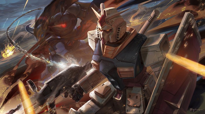 Gundam RX-78 in intense battle with enemy mecha
