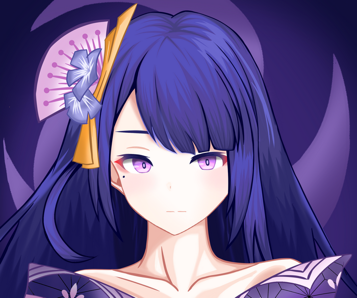 Raiden Shogun (Genshin Impact) portrait with purple hair and fan