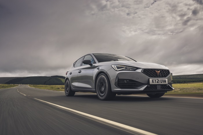 Silver 2021 Cupra Leon VZ3 driving on a road