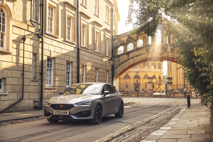 Silver 2021 Cupra Leon VZ3 on a historic street