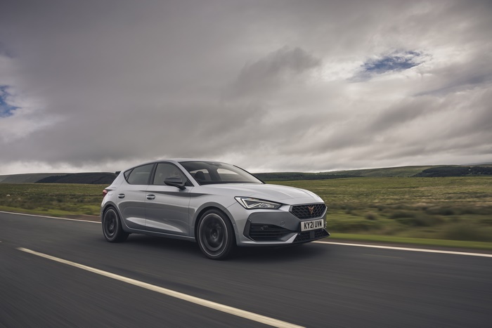 Silver 2021 Cupra Leon VZ3 driving on a road