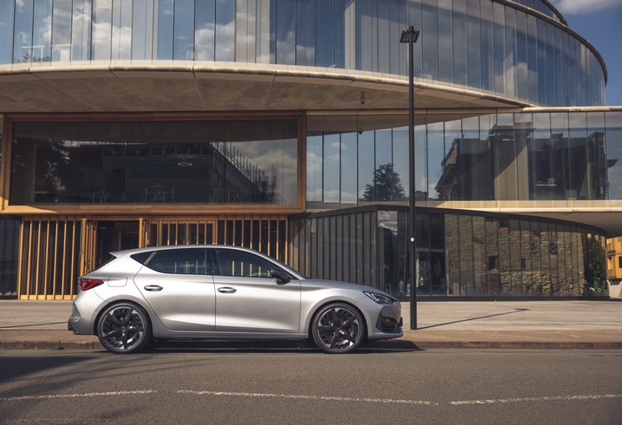 Silver 2021 Cupra León VZ3 parked by modern building