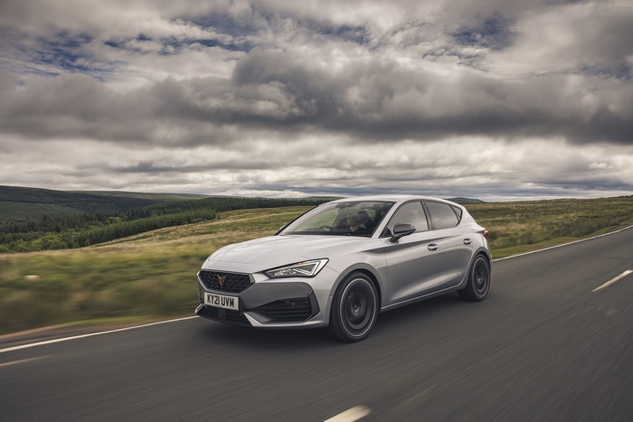 Silver 2021 Cupra Leon VZ3 driving on a road