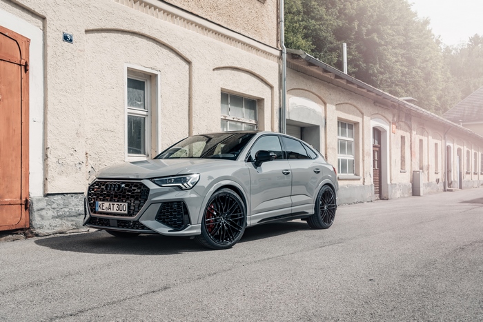 Silver ABT Audi RS Q3 Sportback parked outside building