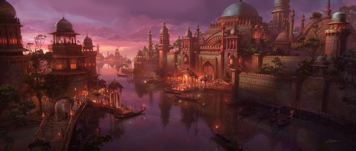 Fantasy City at Sunset with Grand Architecture
