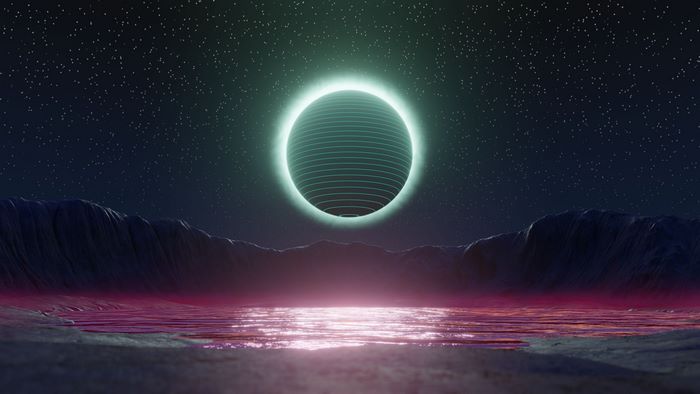 Retro wave planet over pink water under starry sky