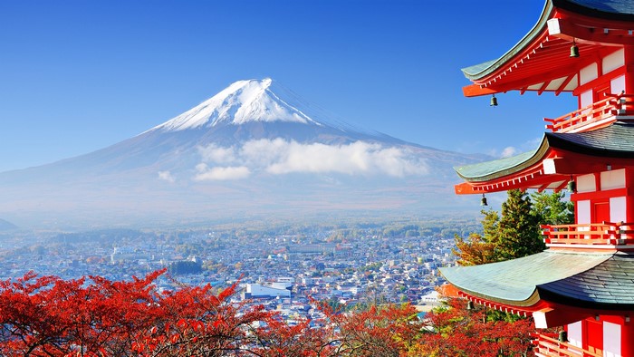 Mount Fuji and a Japanese pagoda in autumn
