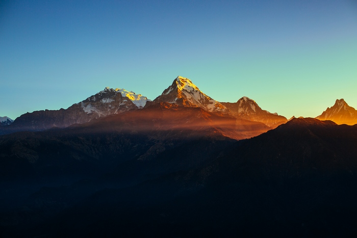 Sunrise over snow-capped mountains in Nepal