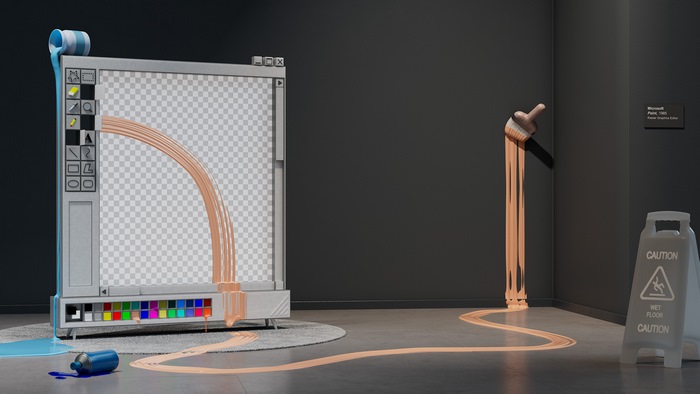 Microsoft Paint 3D art installation with dripping paint