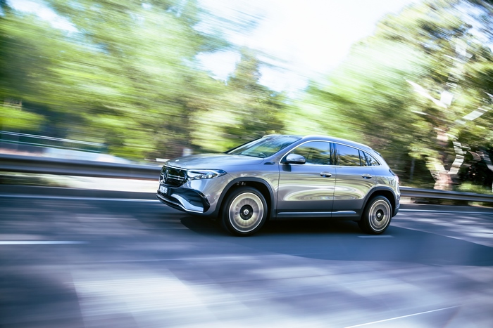 Grey 2021 Mercedes-Benz EQA 250 AMG Line driving on road