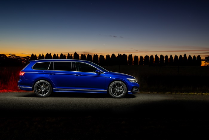 Blue 2021 Volkswagen Passat R-Line Varian at Dusk
