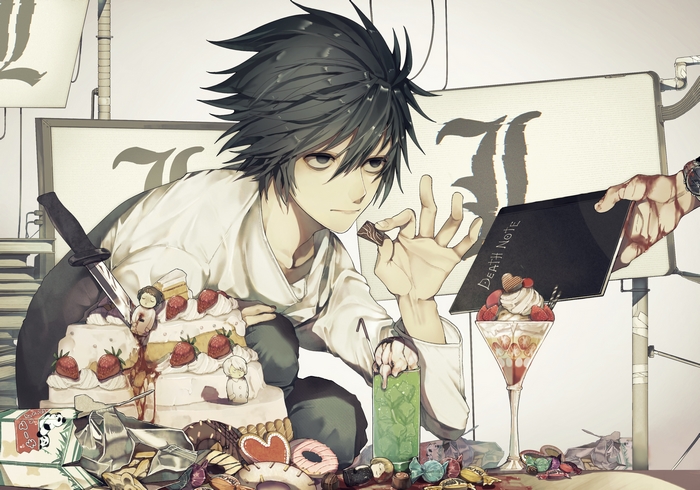 L from Death Note with Sweets and Death Note