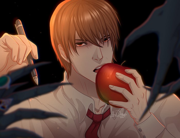 Light Yagami eating an apple with a pen