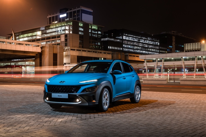 Blue 2021 Hyundai Kona SUV at night
