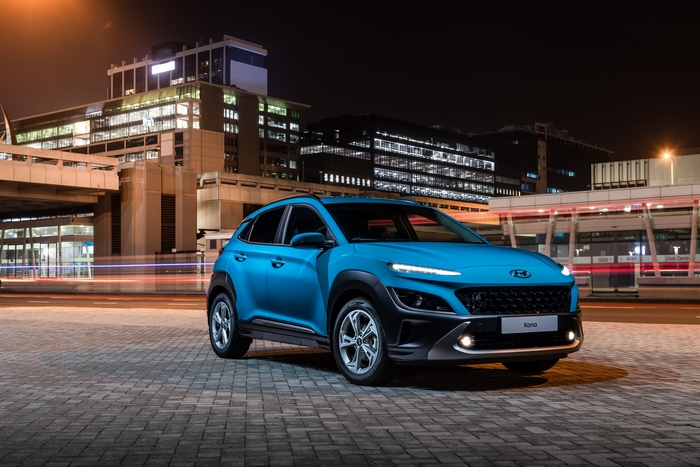 Blue 2021 Hyundai Kona SUV at night