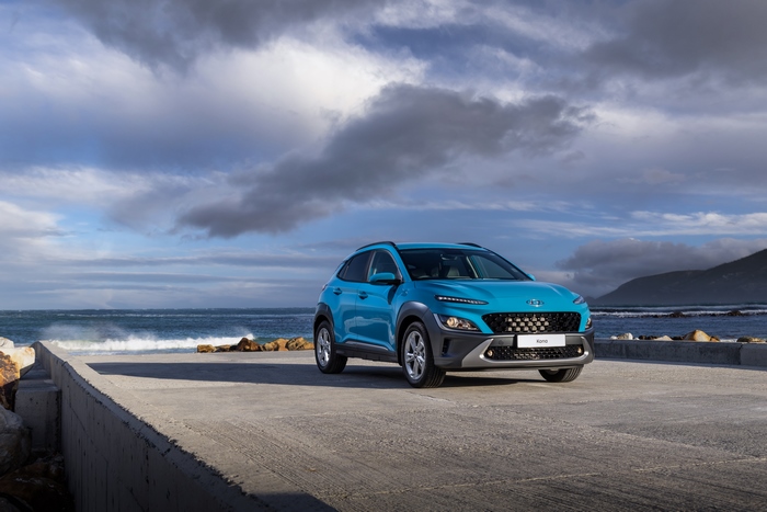 Blue 2021 Hyundai Kona SUV by the ocean